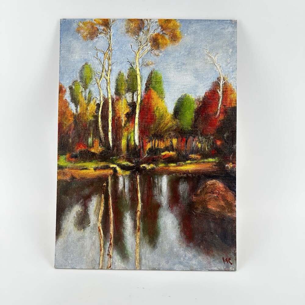 Original Signed Painting Reflections 14x10 Autumn Trees By Lake Landscape Fall